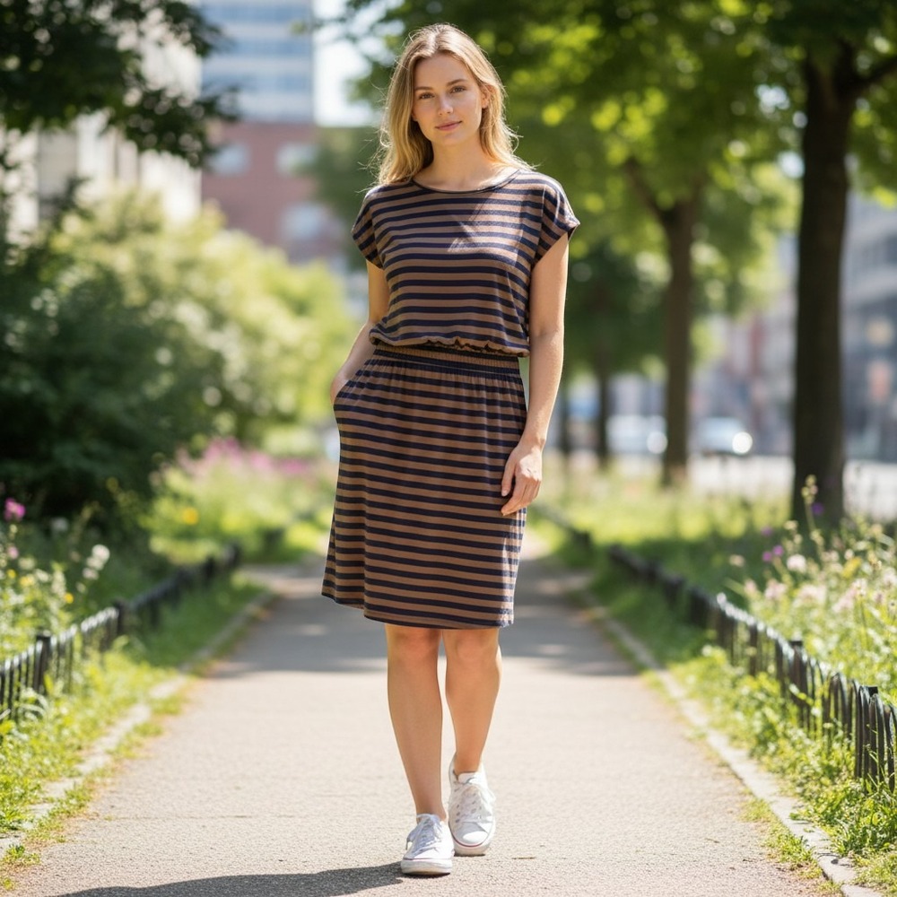 Boden Striped Newquay Dress brown blue Elastic Waist‎ Casual Cap Sleeves Women 6